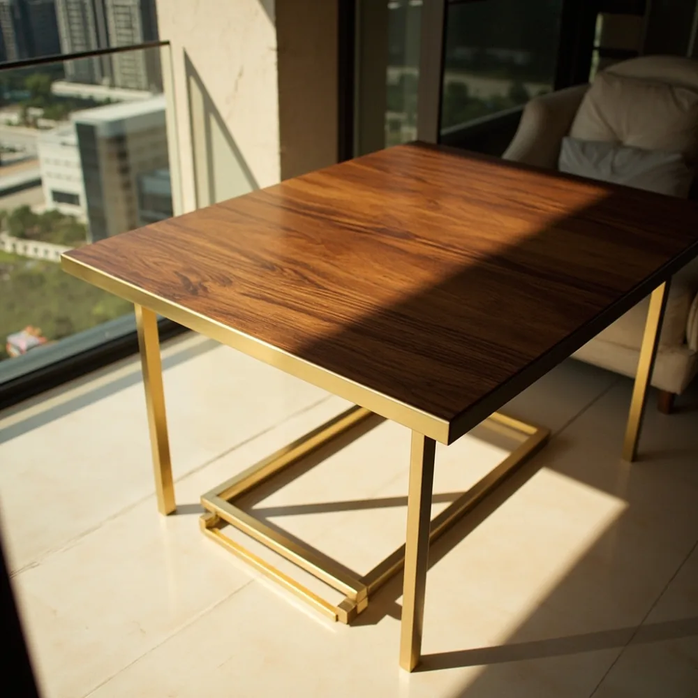 Meja makan postmoden walnut 220 cm dengan sisipan gangsa di balkoni kondominium Kuala Lumpur
