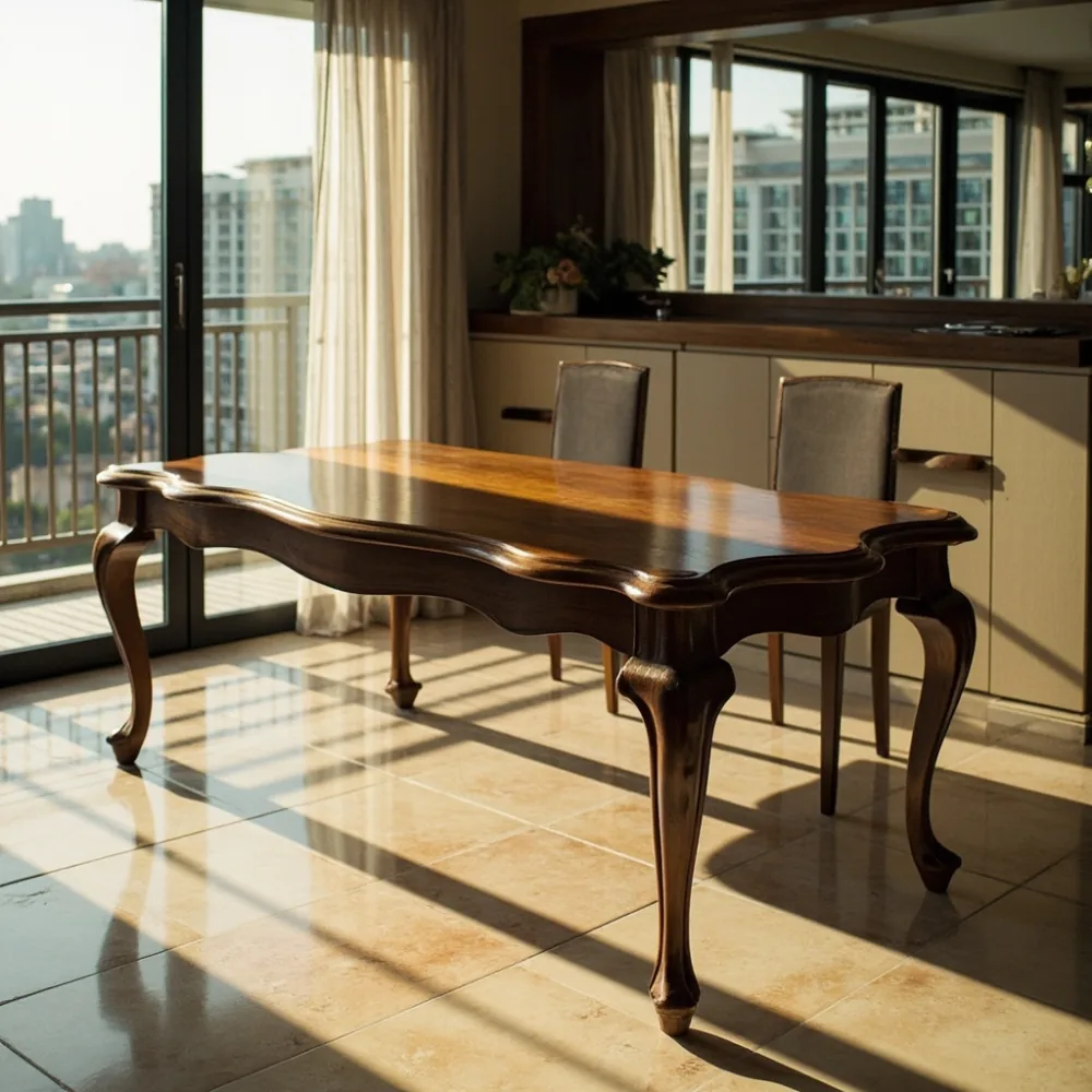 Meja makan walnut pepejal gaya Perancis dalam kondominium KL dengan lantai travertine