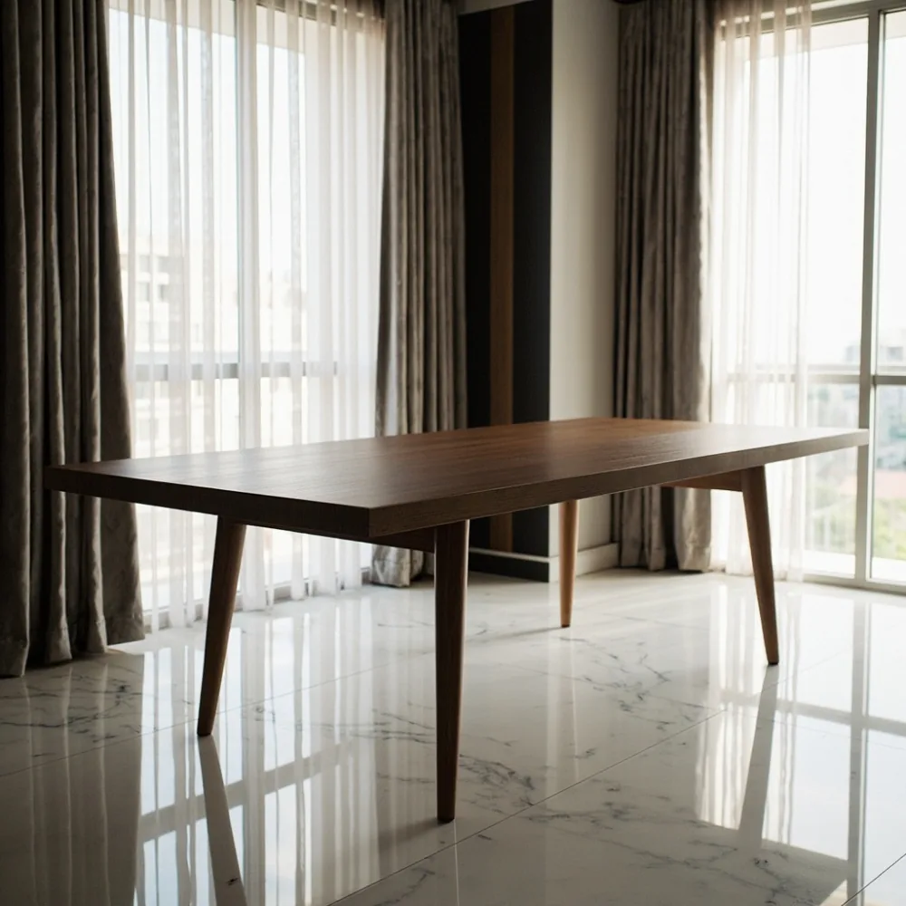 Meja makan my walnut pepejal 240 cm dalam ruang makan kondominium Kuala Lumpur