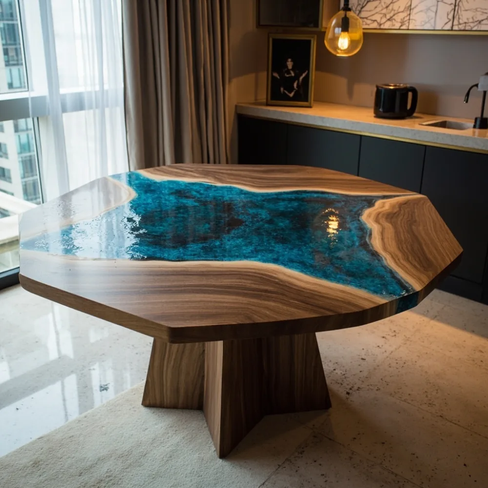 Meja makan postmoden heksagon walnut pepejal dengan resin epoksi biru nilam di kondominium kecil Kuala Lumpur