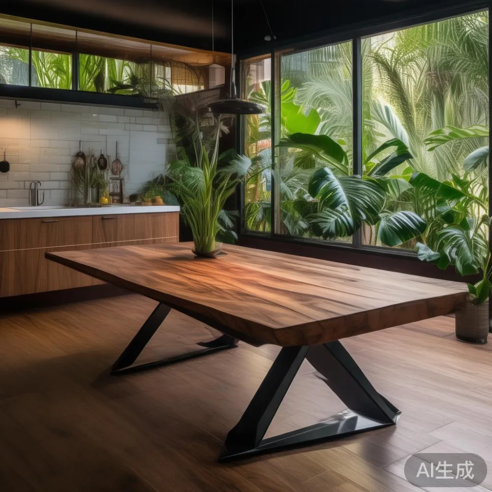 Meja makan postmoden kayu walnut di dapur terbuka Pulau Pinang