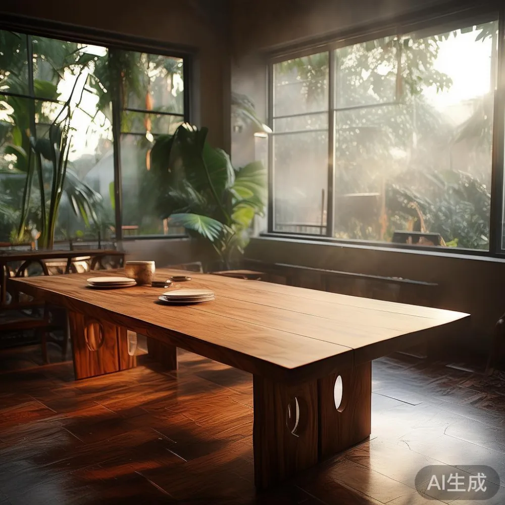 Set meja makan postmoden kayu pepejal dengan sofa kayu dan meja sisi di ruang tamu Pulau Pinang