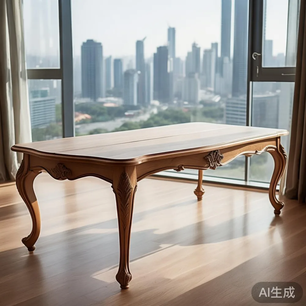 Meja makan kayu pepejal gaya Perancis dengan kaki cabriole di kondominium Kuala Lumpur
