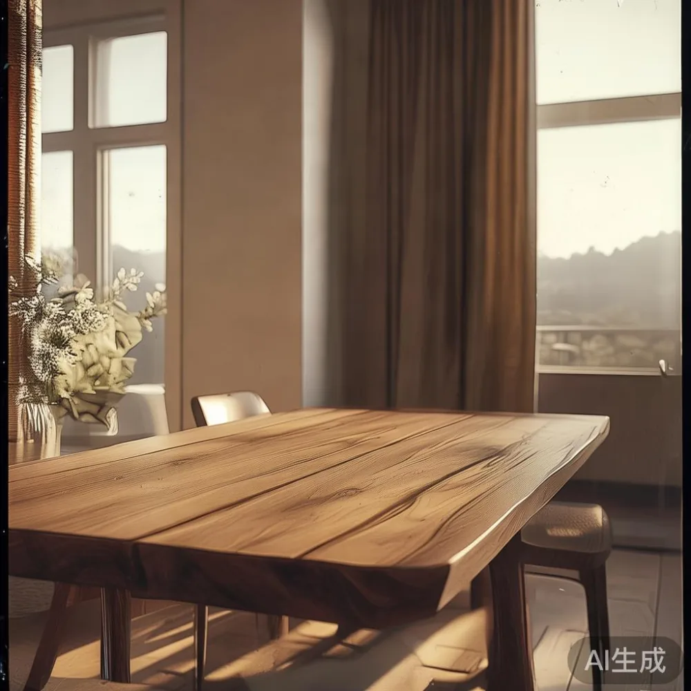 Gambar meja makan mewah dengan atas kayu pepejal di interior rumah modern