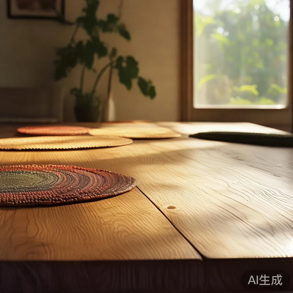 Permukaan meja makan kayu oak dengan kemasan minyak semula jadi dan anyaman pandan