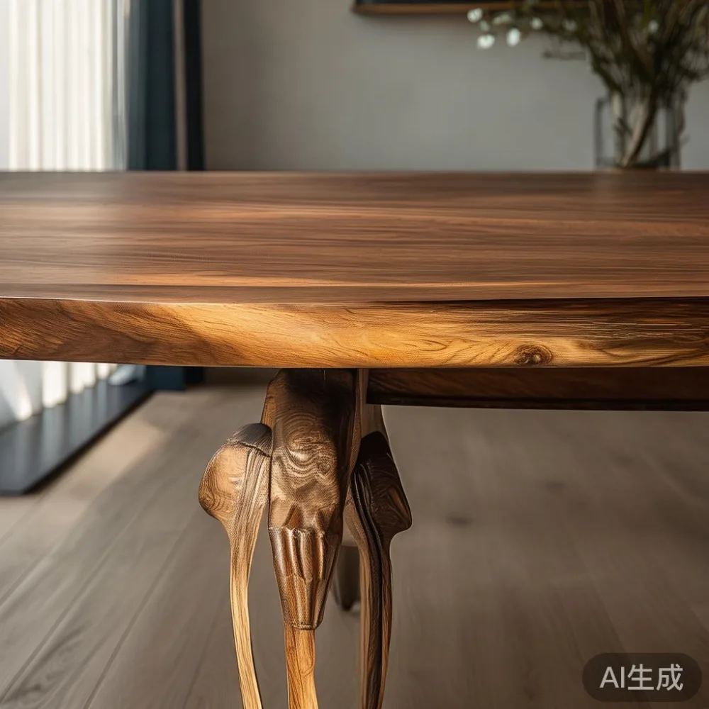 meja makan gaya Perancis kayu pepejal dengan kaki melengkung dalam ruang tamu kondominium