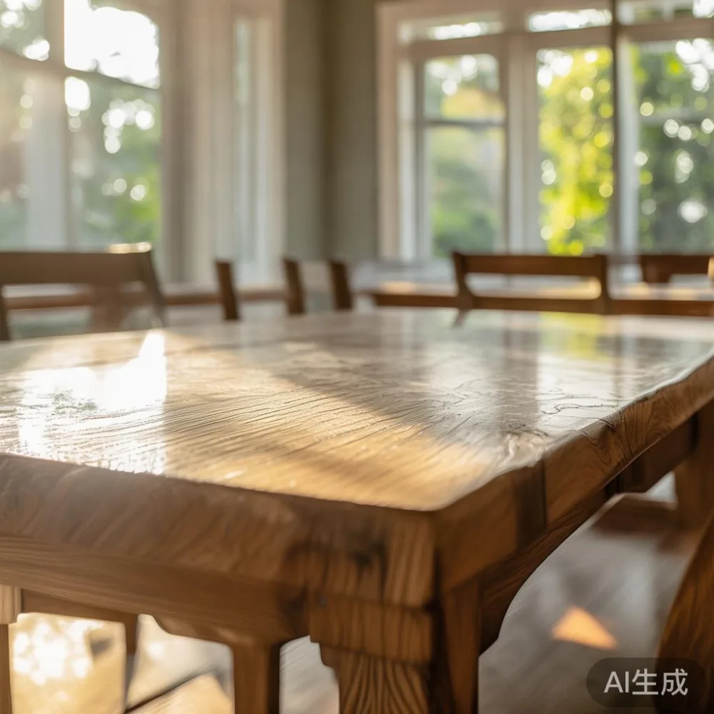 meja makan gaya Amerika oak dengan atas marmer dalam ruang makan teres