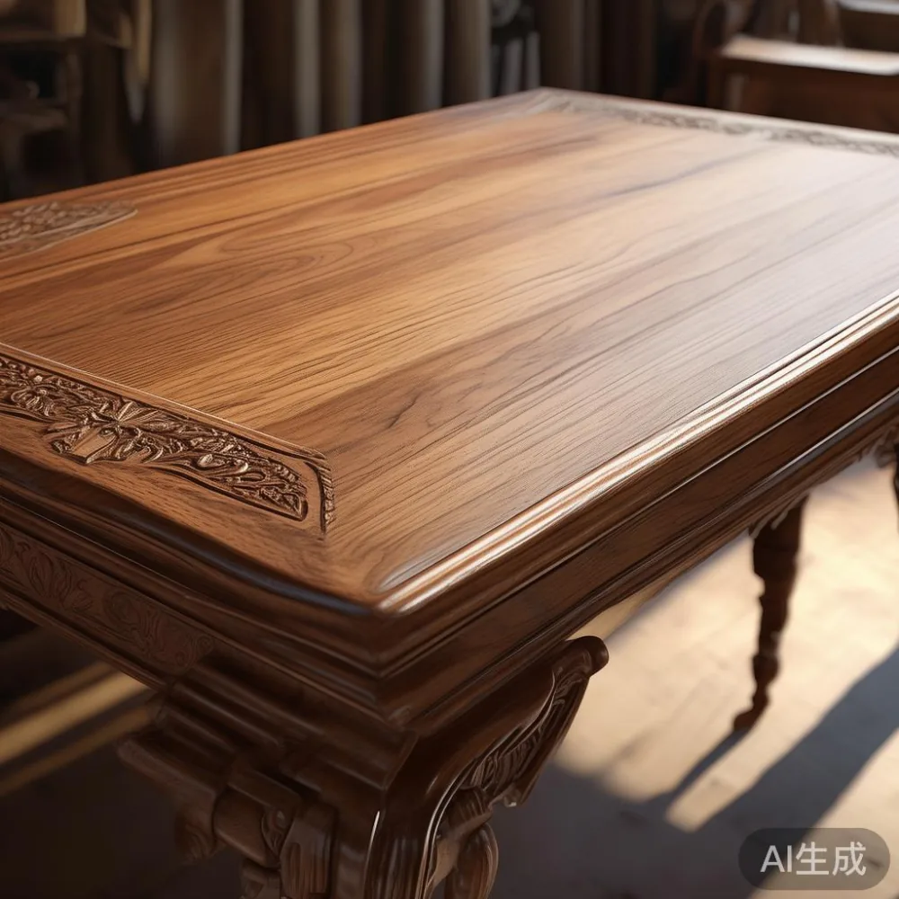 Gambar meja makan mewah kayu pepejal dengan carvings yang rinci dan pencahayaan alam