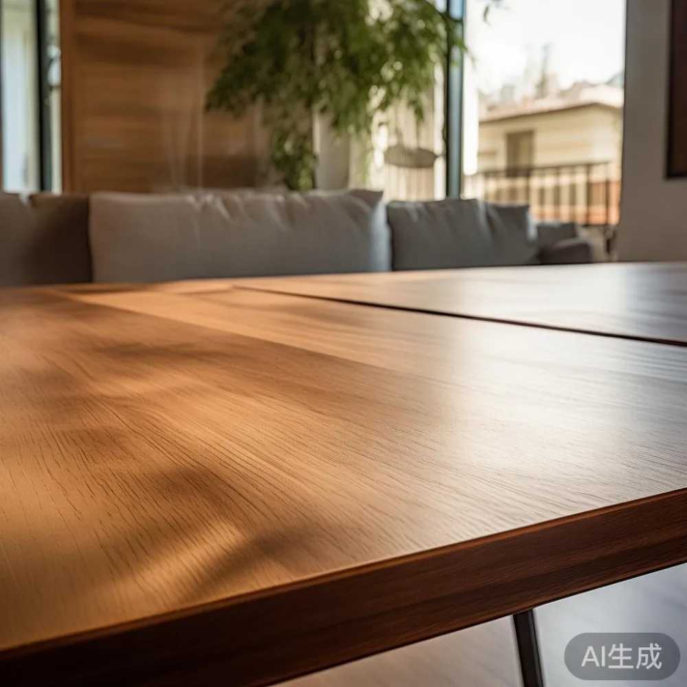 Gambar meja makan mewah yang terbuat daripada kayu pepejal dengan desain modern dan selesa