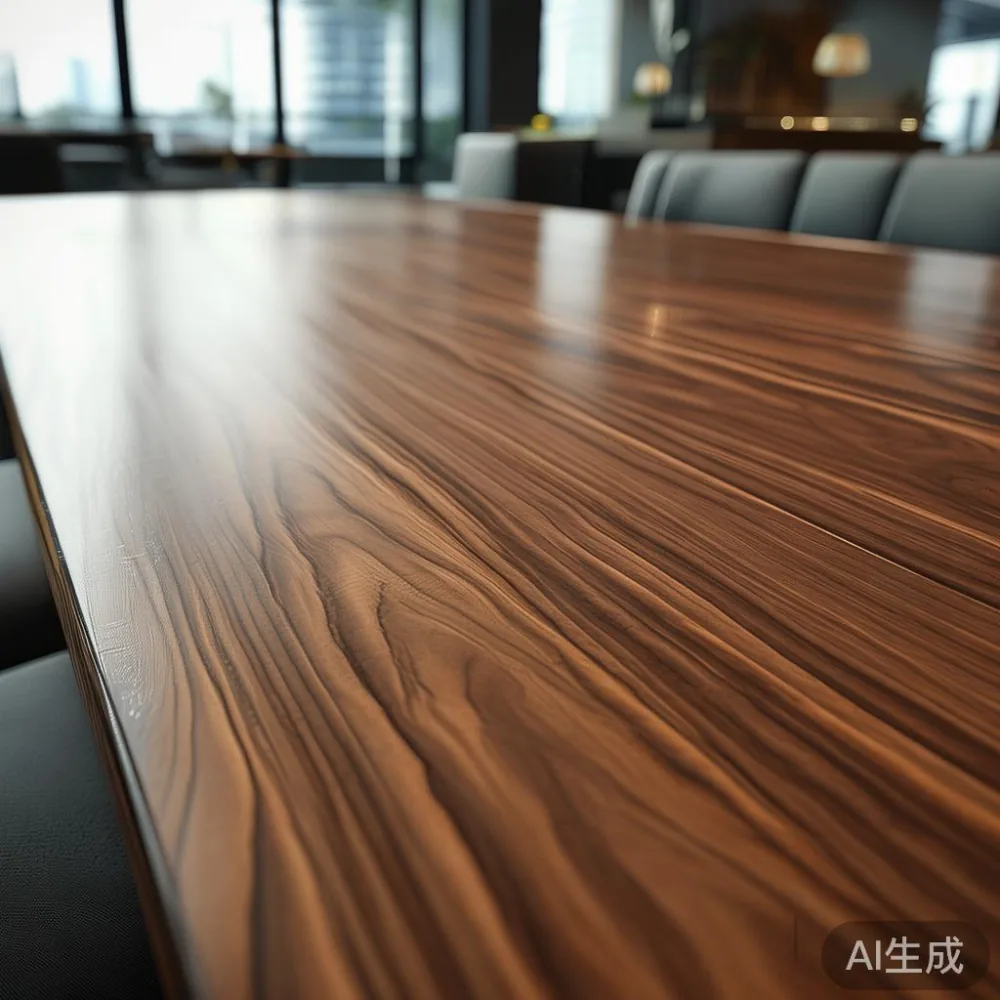 Meja makan walnut mewah di ruang bersantu kondominium Kuala Lumpur dengan pencahayaan semula jadi