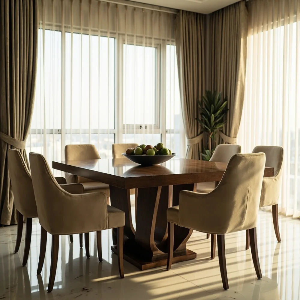 Meja makan walnut pejal mewah dengan kerusi baldu beige dalam ruang makan kondominium Kuala Lumpur