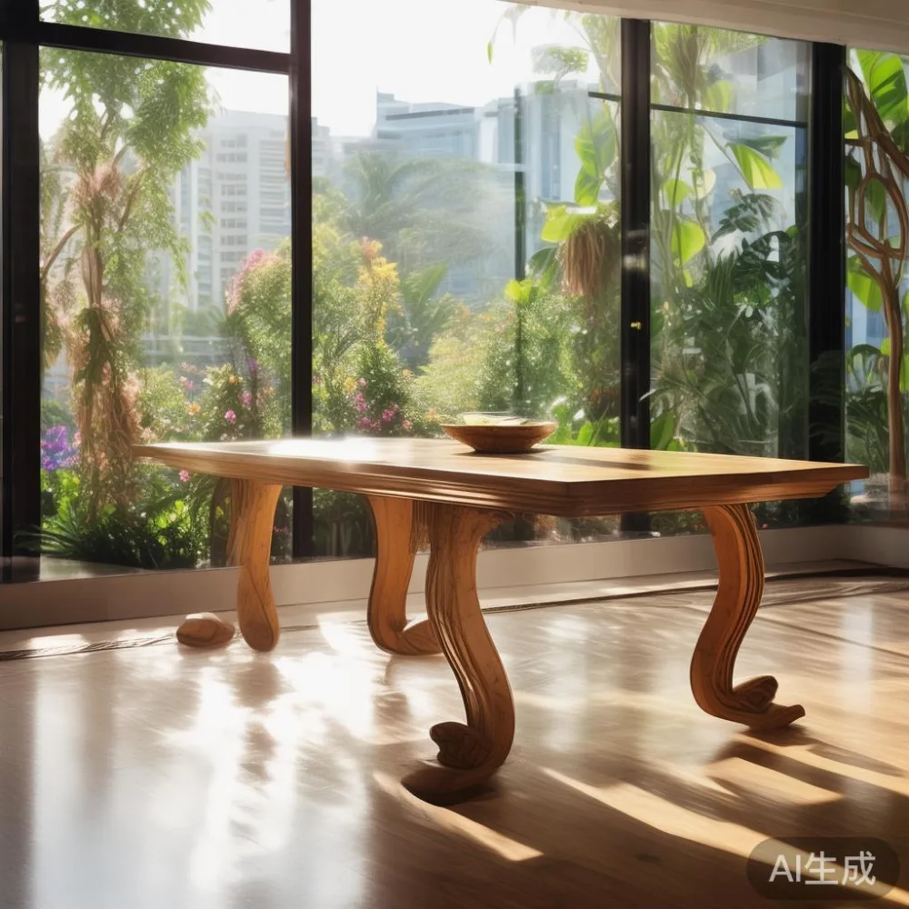 Meja makan kayu pepejal oak gaya Perancis di kondominium Kuala Lumpur dengan cahaya semula jadi