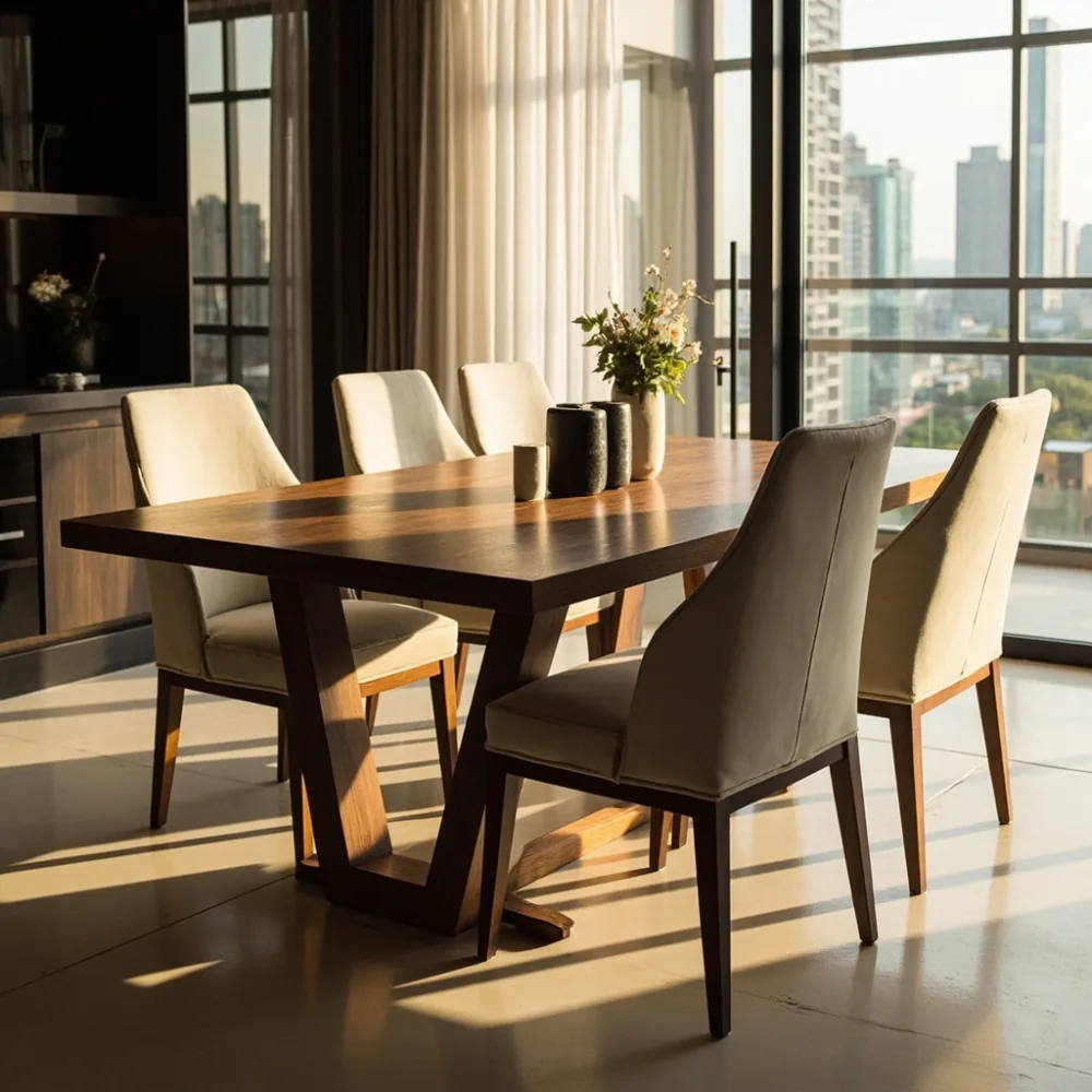 Meja makan walnut pepejal 180 cm dengan kerusi upholsteri krim di kondominium Kuala Lumpur
