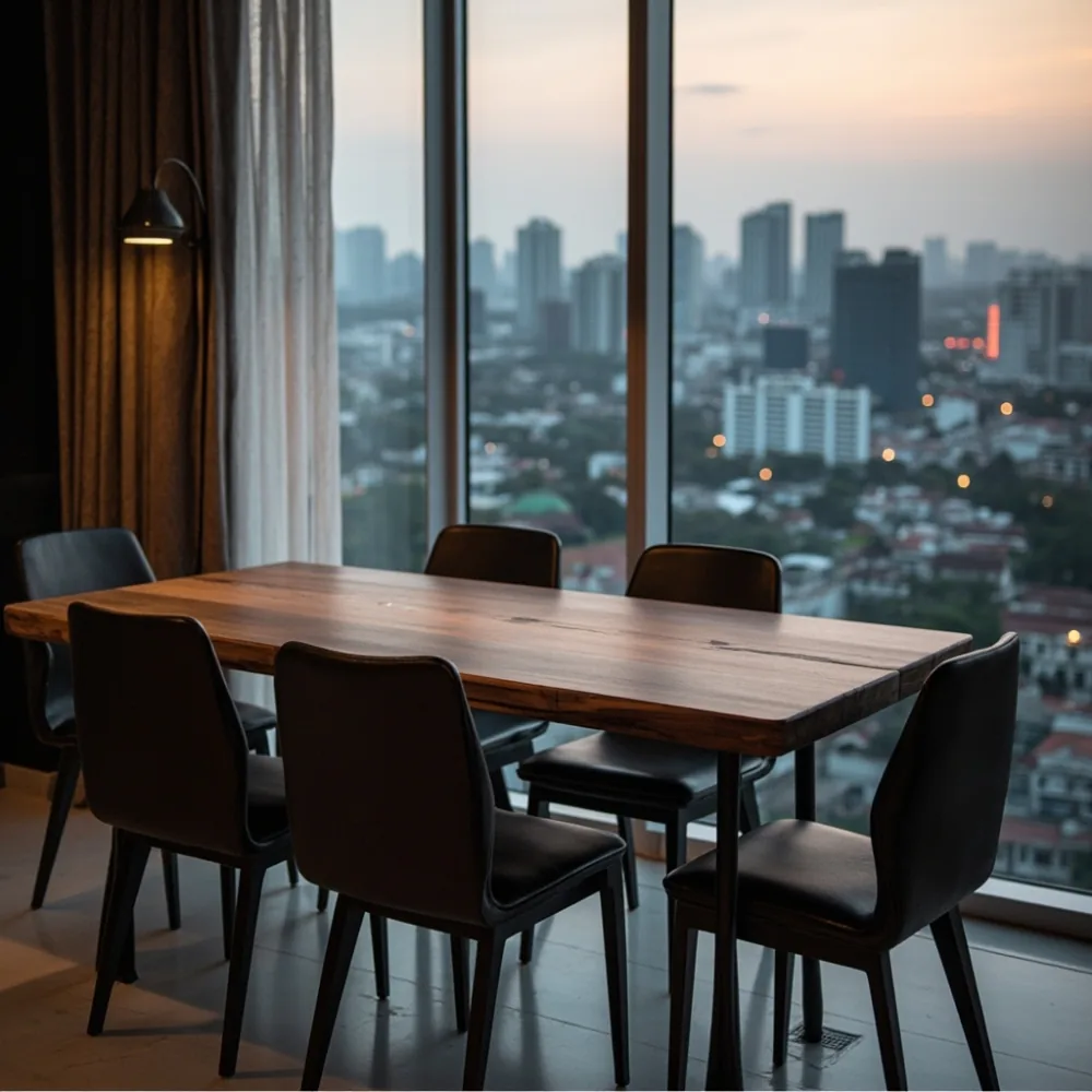 Meja makan postmoden gabungan walnut dan logam hitam matte di kondominium Johor Bahru