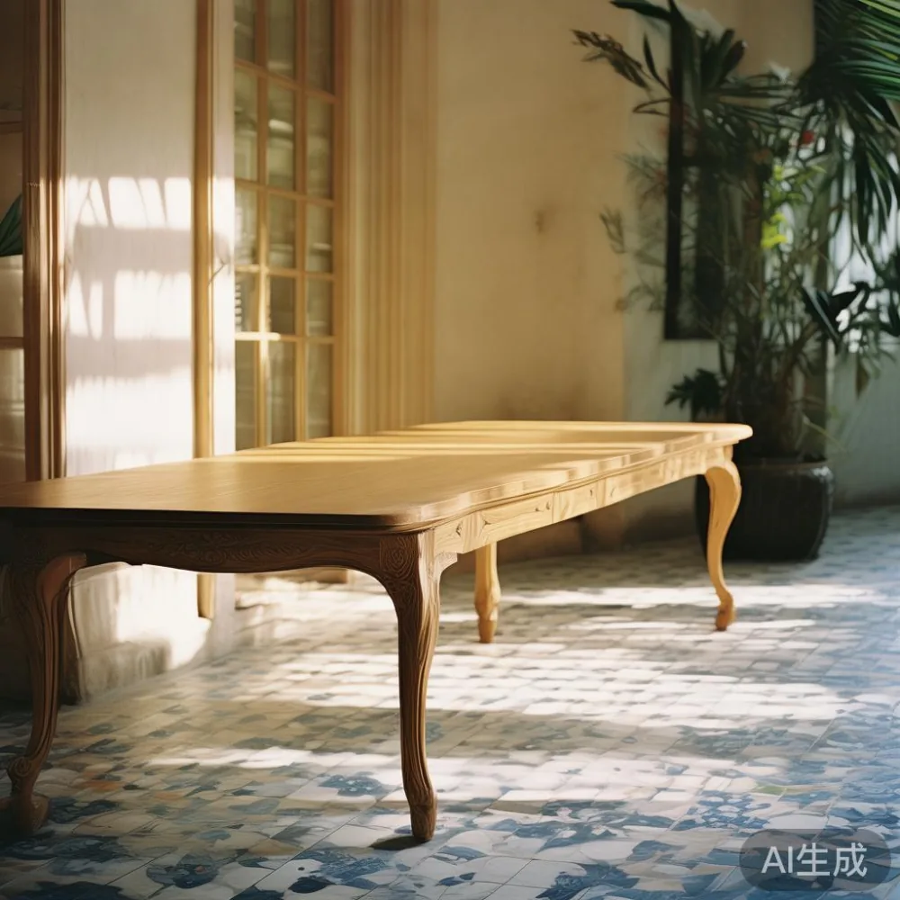 Meja makan gaya Perancis limed oak 200 cm dengan apron berukir di rumah teres Pulau Pinang