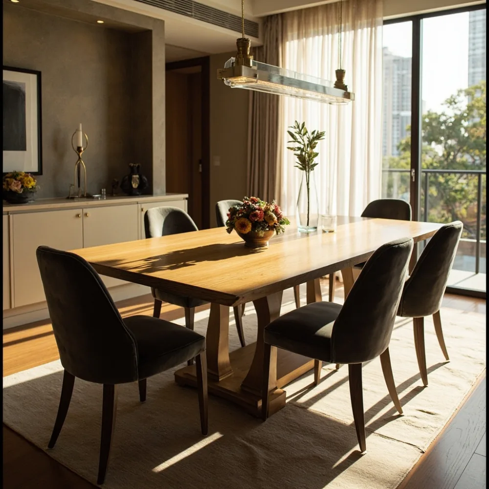Meja makan kayu oak pepejal 200 cm gaya mewah Perancis di kondominium Kuala Lumpur dengan cahaya pagi semula jadi
