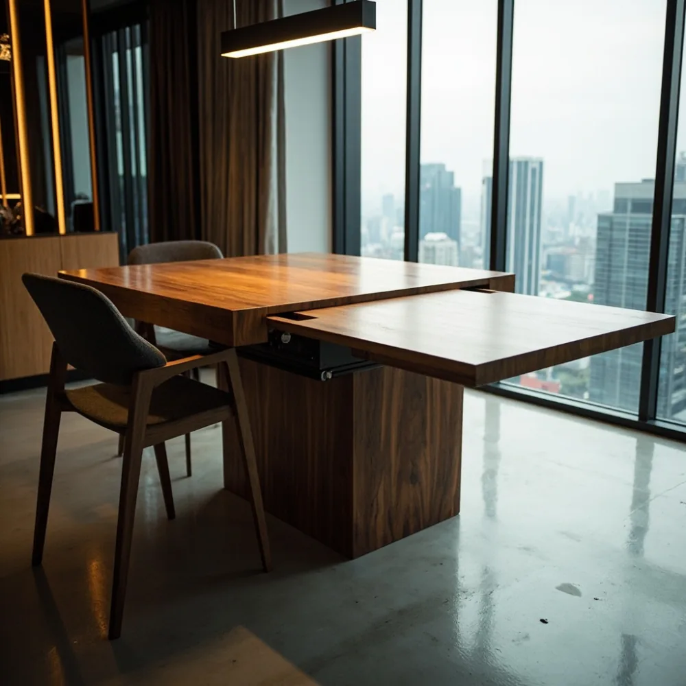 Meja makan postmoden kayu walnut pejal dengan mekanisme sambungan tersembunyi di kondominium KL