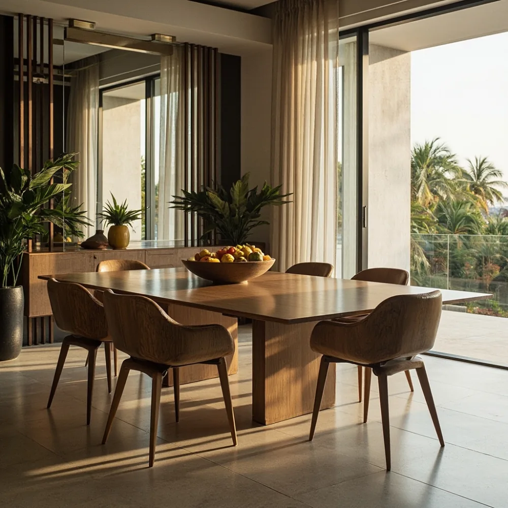 Gambar meja makan mewah gaya postmoden di apartemen tropika