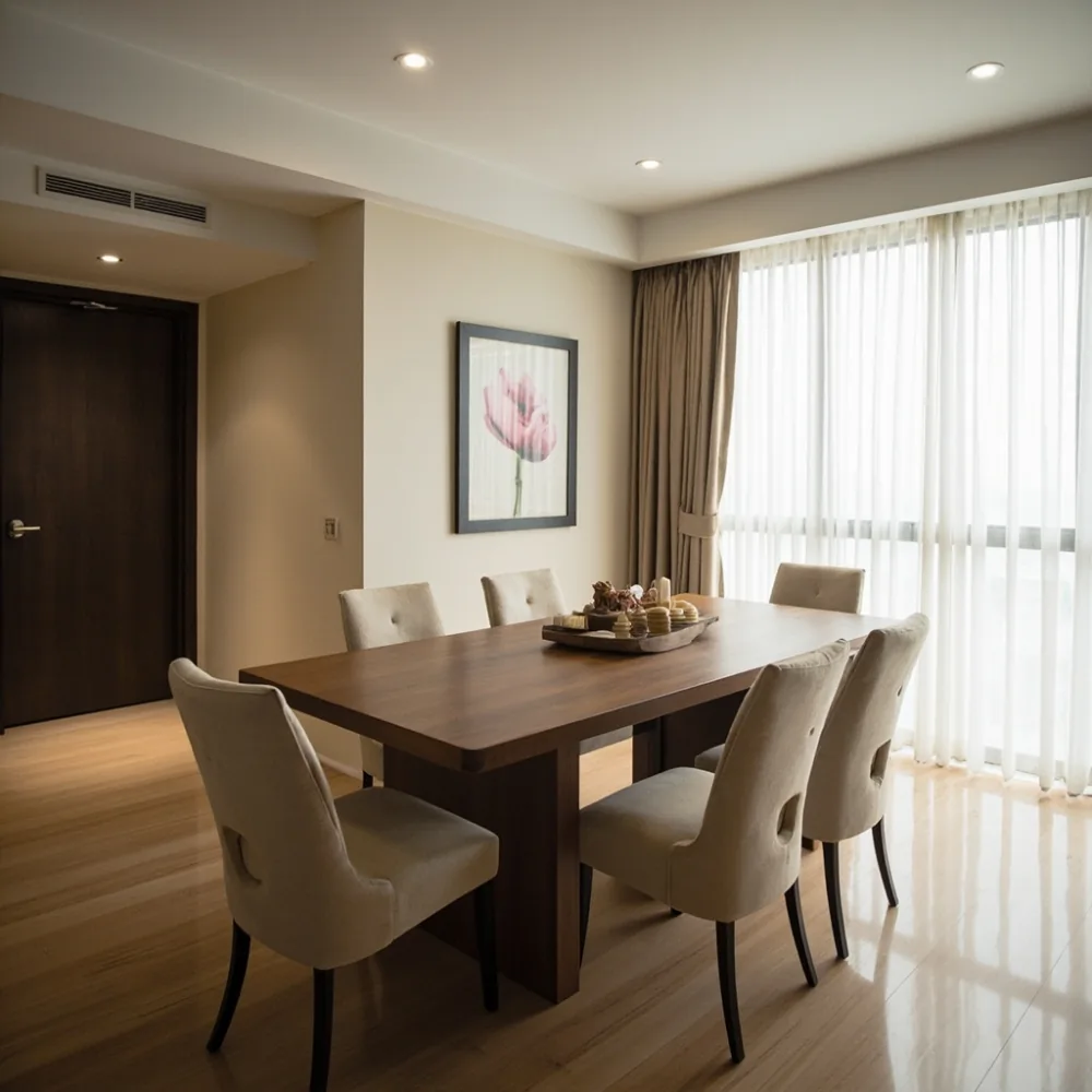 Meja makan walnut extensible 180 cm dengan enam kerusi upholsteri krim di ruang makan kondominium Kuala Lumpur