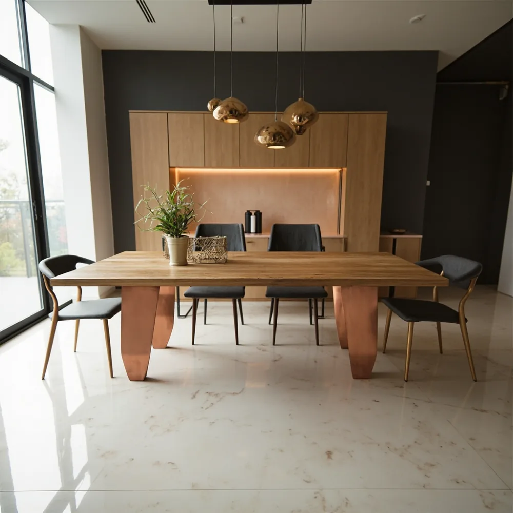 Meja makan postmodern oak 200 cm dengan kaki tembaga di kondominium moden Johor Bahru