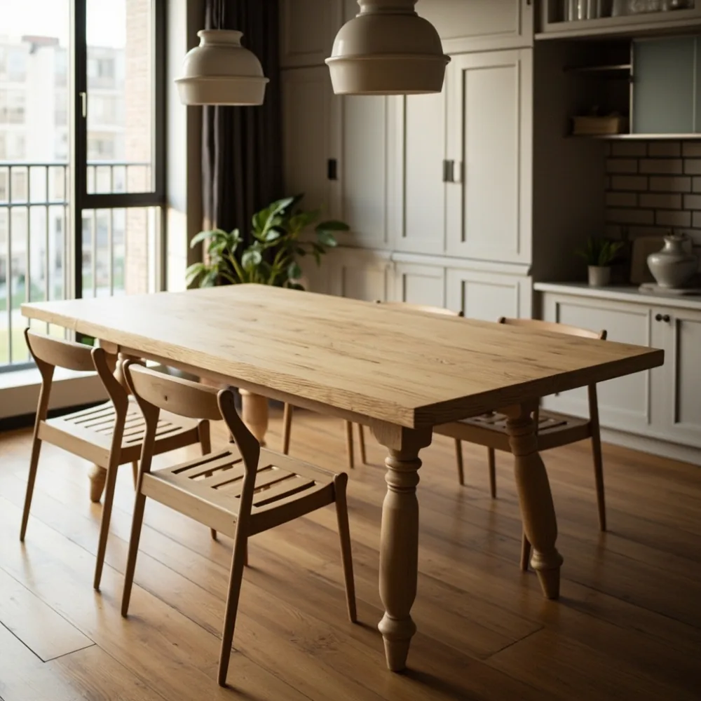 Meja makan oak pepejal gaya Amerika Mid-Century 180 cm di ruang makan kondominium