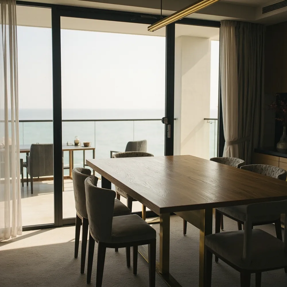 Meja makan postmoden kayu oak pepejal dengan kaki brushed brass di kondominium tepi laut Pulau Pinang