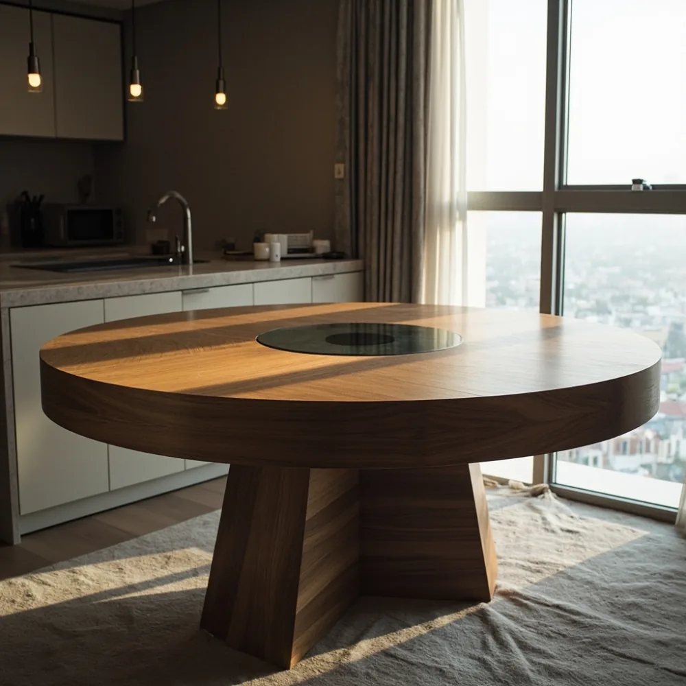 Meja makan postmoden bulat walnut di kondominium Johor Bahru