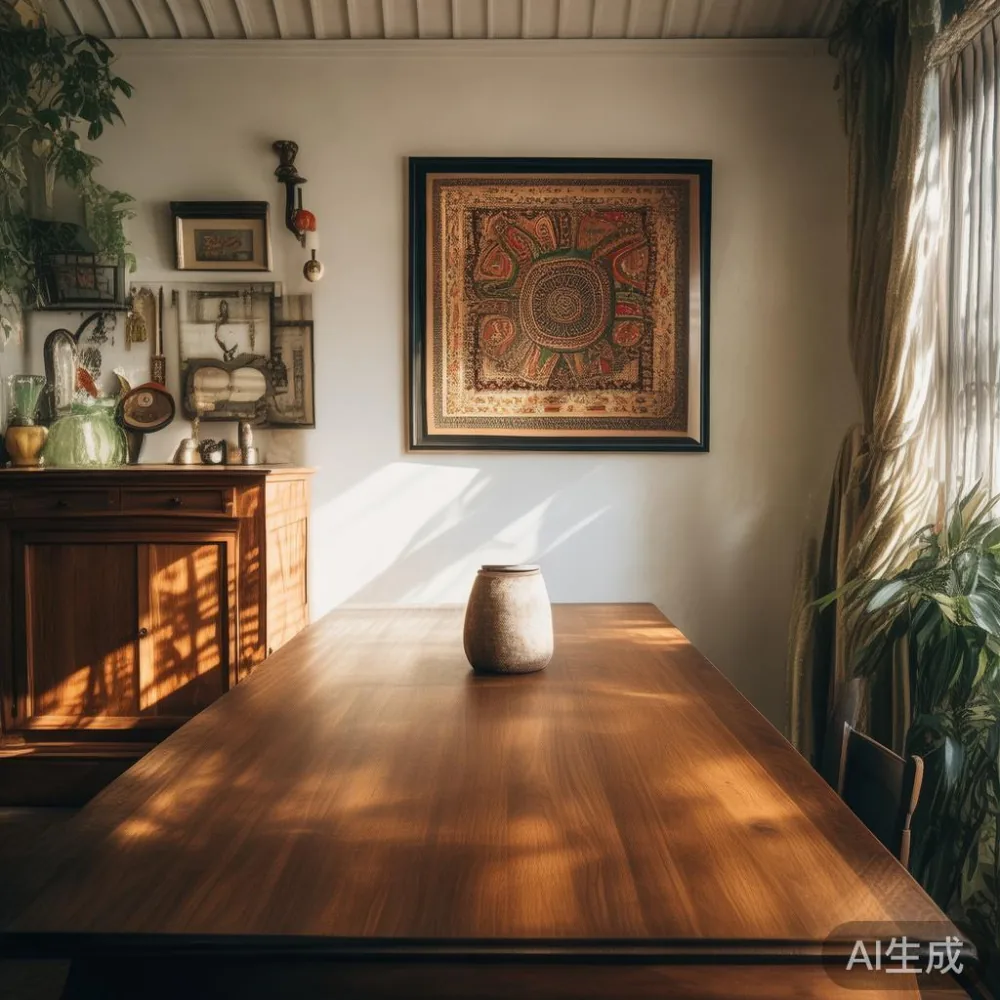Set meja makan kayu walnut gaya Amerika di ruang makan rumah teres Pulau Pinang