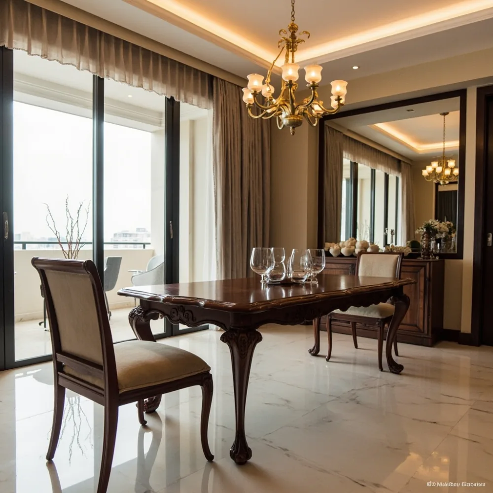 Meja makan gaya Perancis klasik di kondominium mewah Kuala Lumpur dengan kemasan mahogany dan ukiran tangan