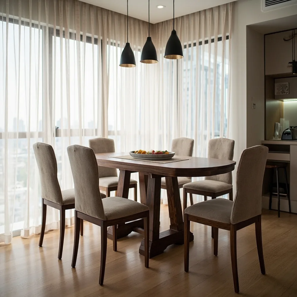 Meja makan kayu walnut 180 cm gaya Perancis dalam kondominium KL