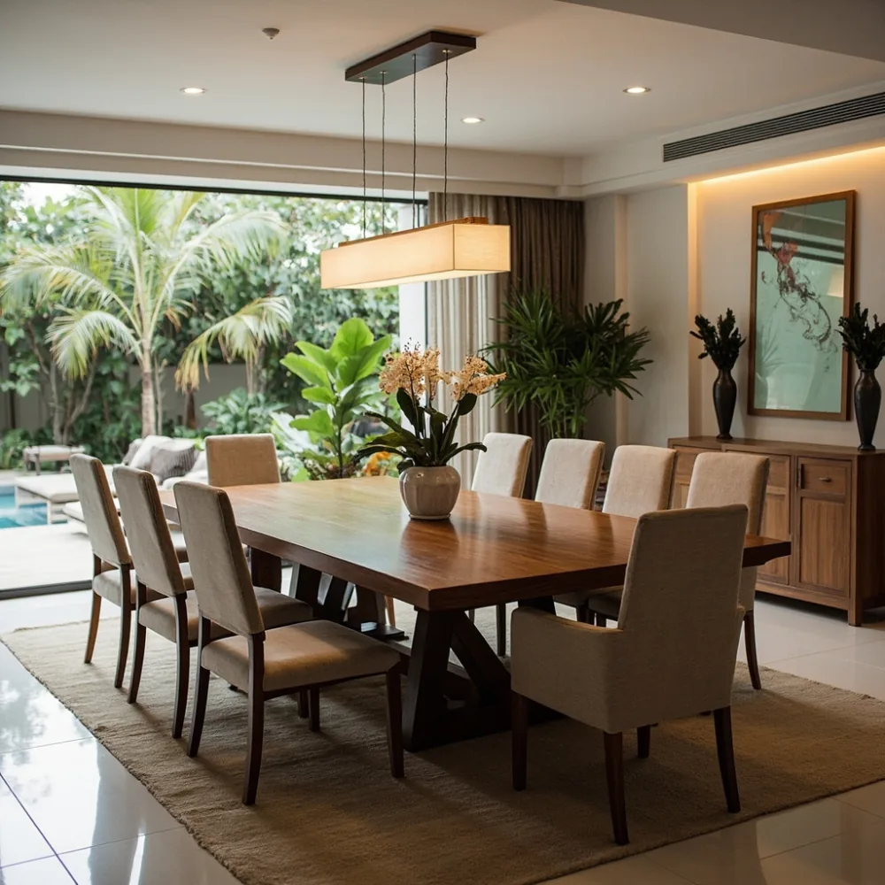 Meja makan walnut pepejal 220 cm gaya mewah Amerika di ruang makan teres Johor Bahru dengan lapan kerusi upholstered