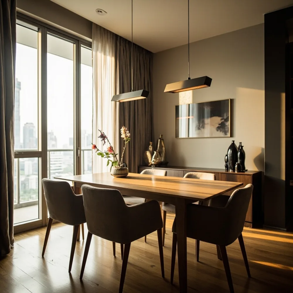 Meja makan kayu oak pepejal 180 cm dengan enam kerusi upholsteri di kondominium mewah Kuala Lumpur