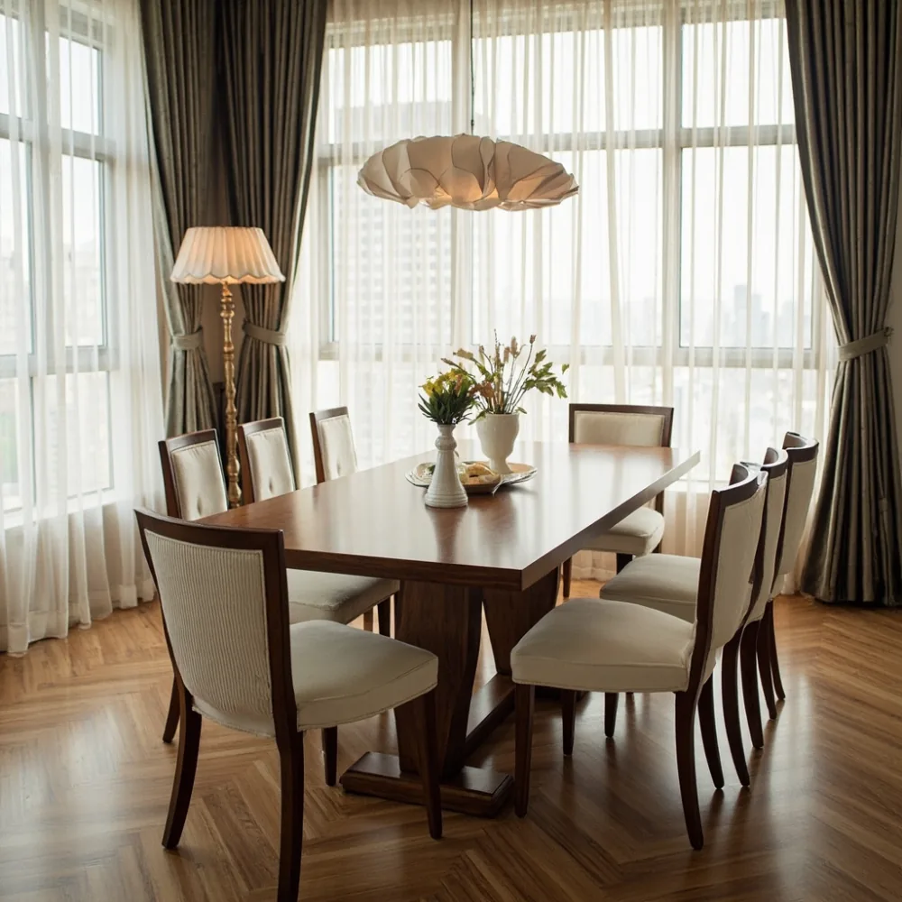 Meja makan my kayu walnut gaya Perancis klasik dalam kondominium Kuala Lumpur dengan cahaya semula jadi