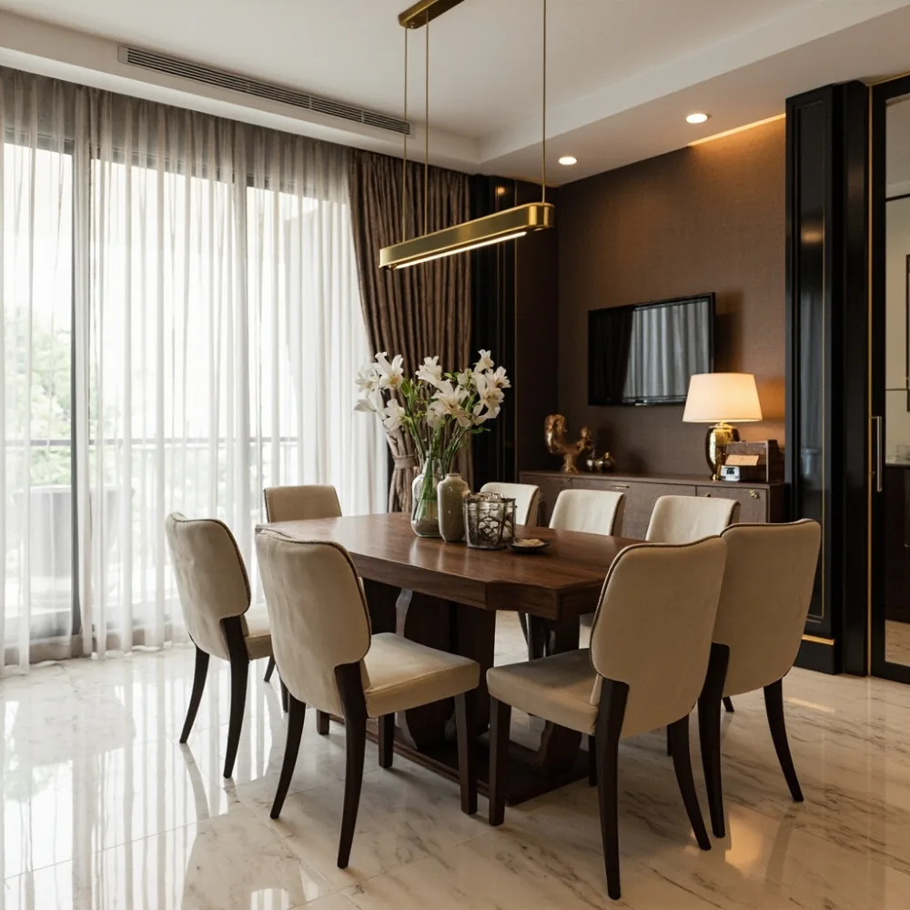 Meja makan walnut 180 cm dengan kerusi linen beige di kondominium Kuala Lumpur, pencahayaan pagi tropika