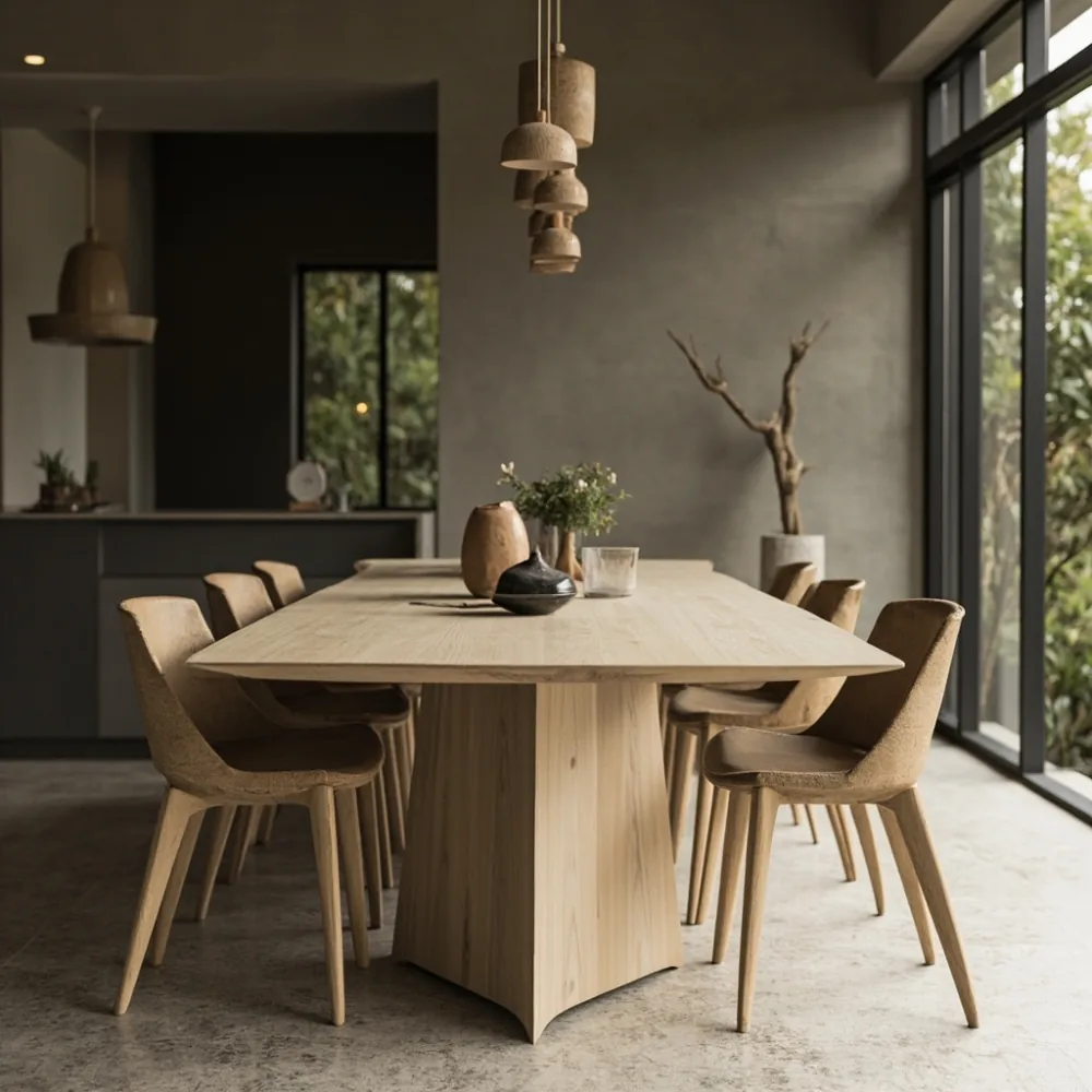Meja makan postmodern oak putih 150 cm dengan kaki trapezoid dalam teres tropika Pulau Pinang