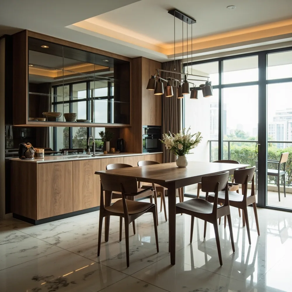 Meja makan walnut 200 cm gaya Amerika moden di kondominium KLCC