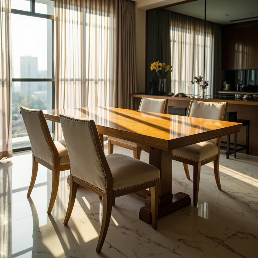 Meja makan gaya Perancis Louis XV kayu oak pepejal di kondominium Kuala Lumpur dengan cahaya pagi tropika