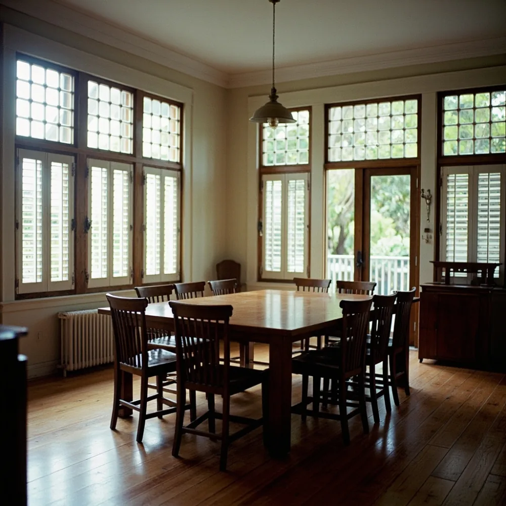 Meja makan gaya Amerika Craftsman kayu walnut pepejal di teres dua tingkat Pulau Pinang dengan seni bina kolonial