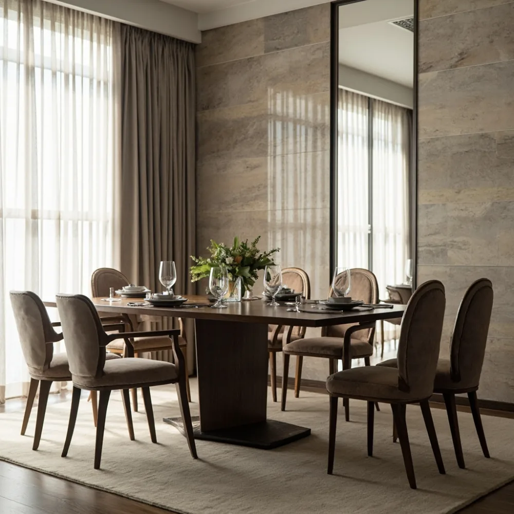Meja makan kayu walnut gaya Perancis mewah dalam kondominium Kuala Lumpur dengan dinding batu kapur dan langsir linen