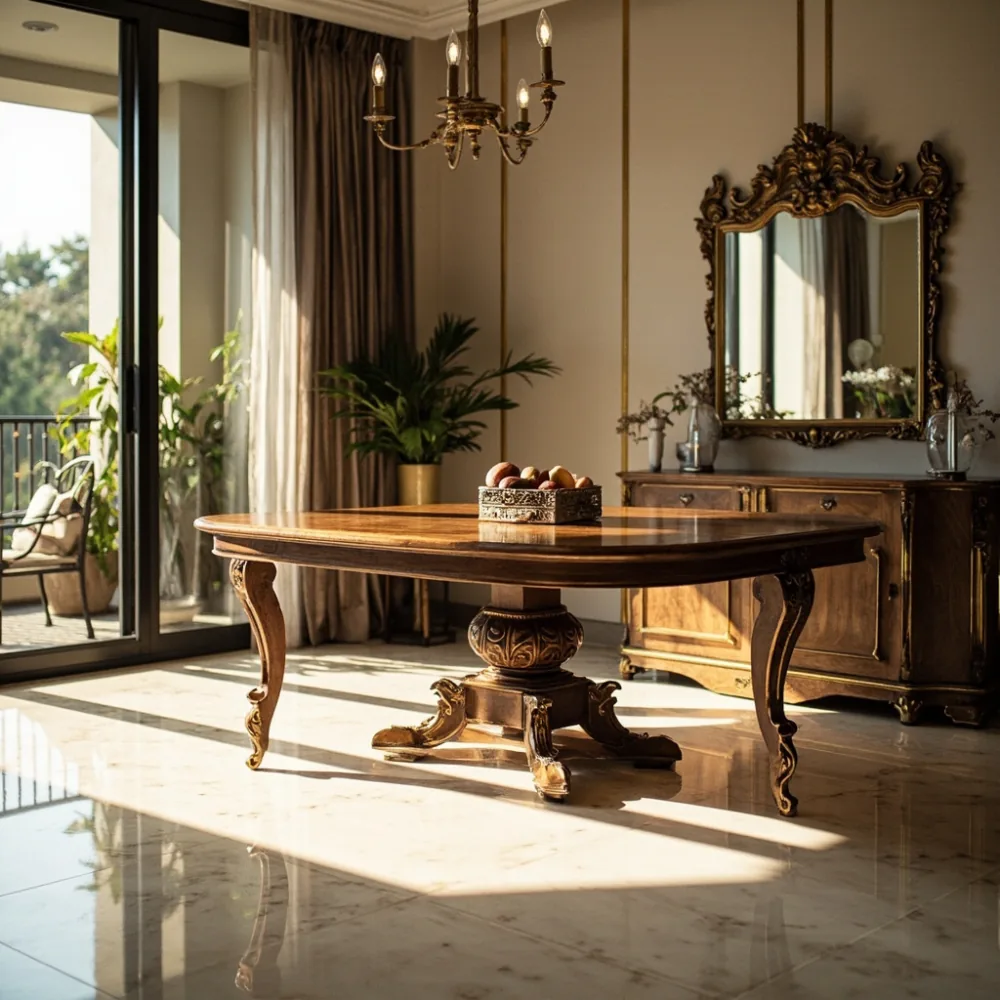 Meja makan Perancis Louis XV walnut pepejal 160 cm di ruang makan kondominium KL dengan lantai marmar Calacatta