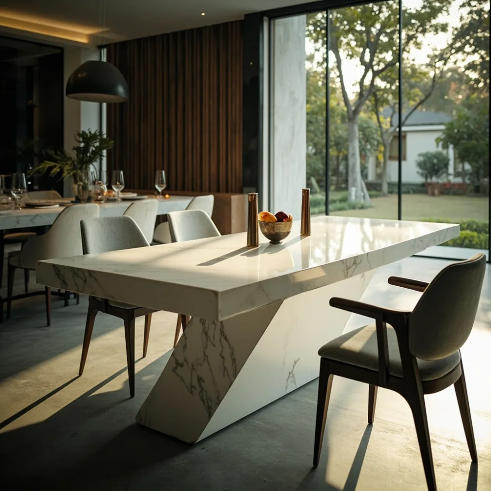 Meja makan my postmoden dengan marble cantilever di teres Johor Bahru
