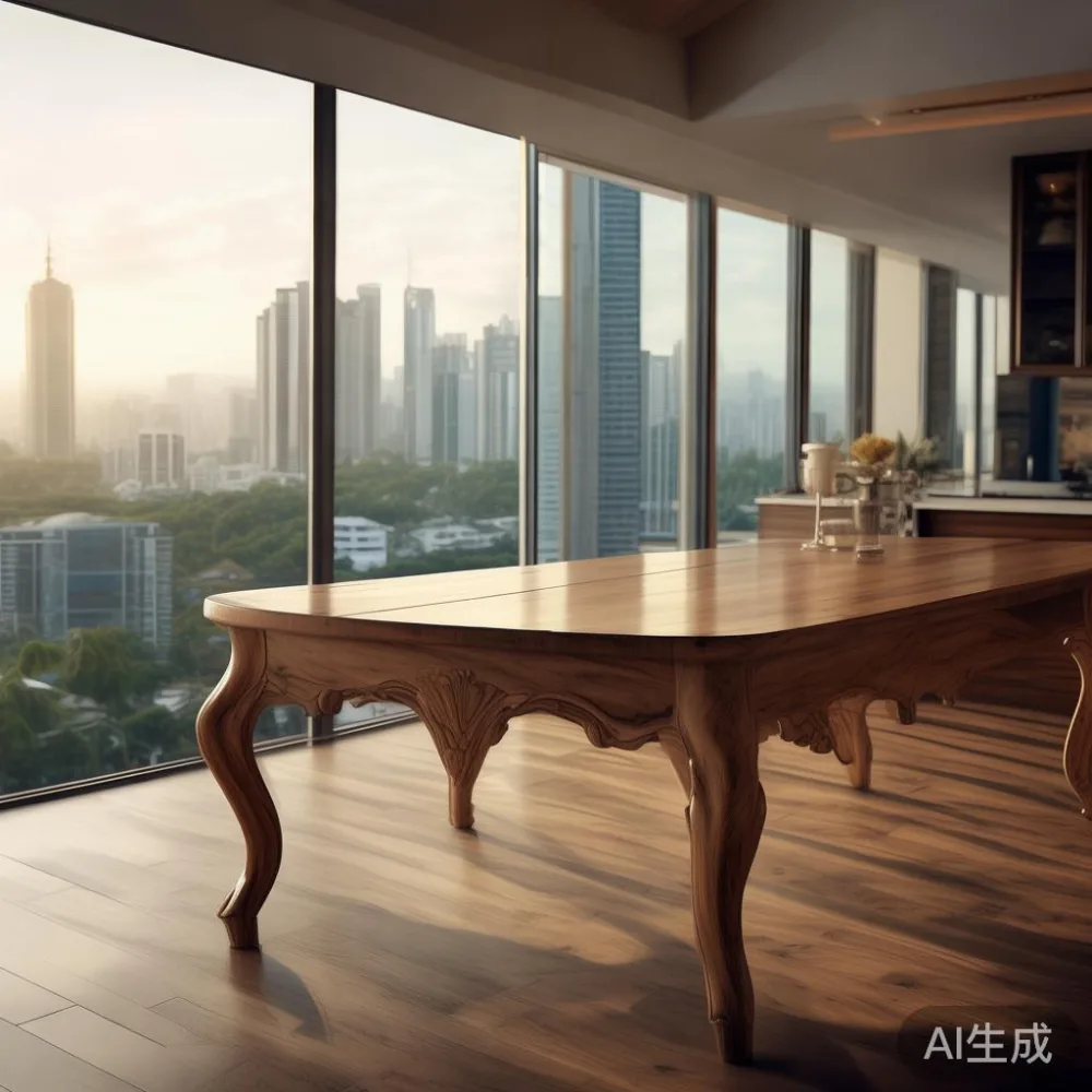 Meja makan kayu pepejal gaya Perancis di kondominium Kuala Lumpur