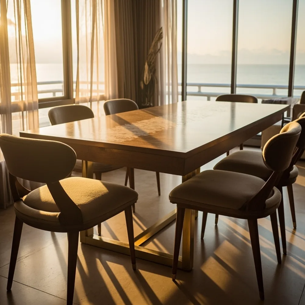 Meja makan postmoden walnut 220 cm dengan kaki bersalut loyang dan inlay travertine di kondominium tepi laut Tanjong Tokong