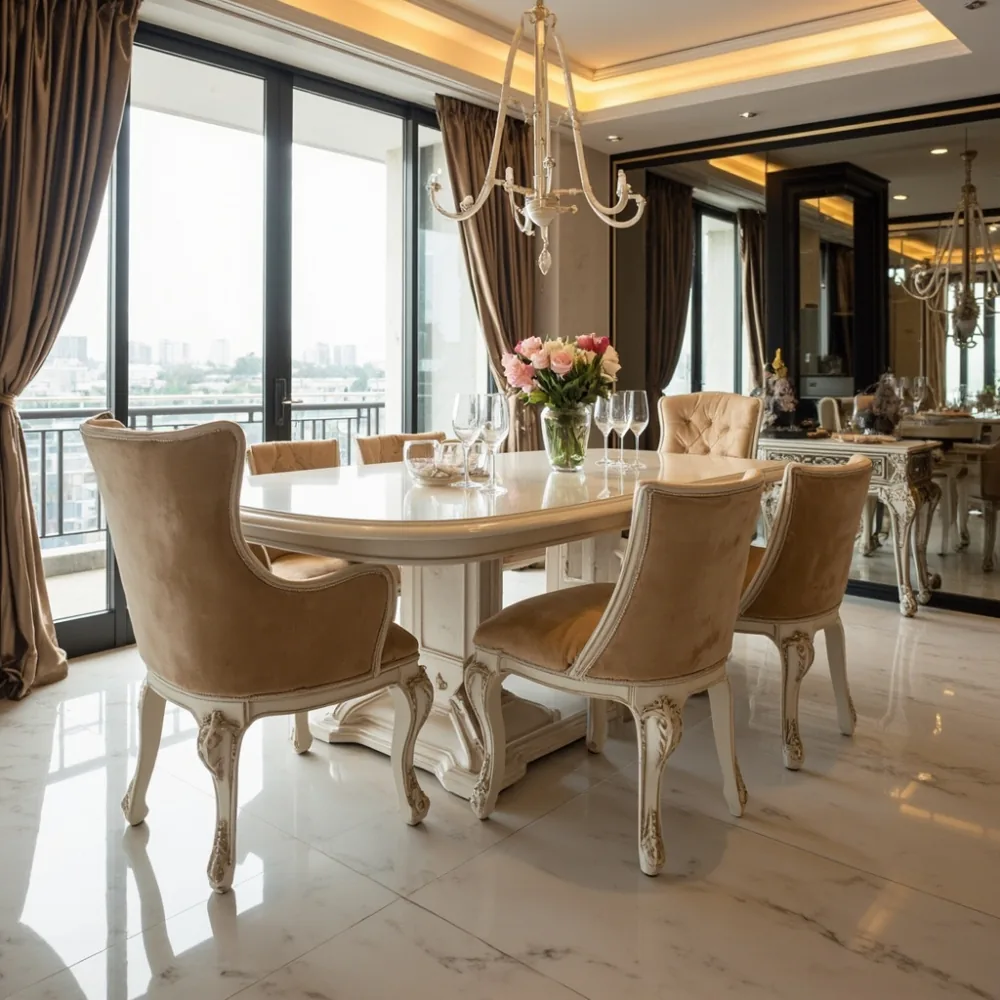 Meja makan my 160 cm gaya Perancis dalam kondominium Pulau Pinang dengan kerusi baldu champagne