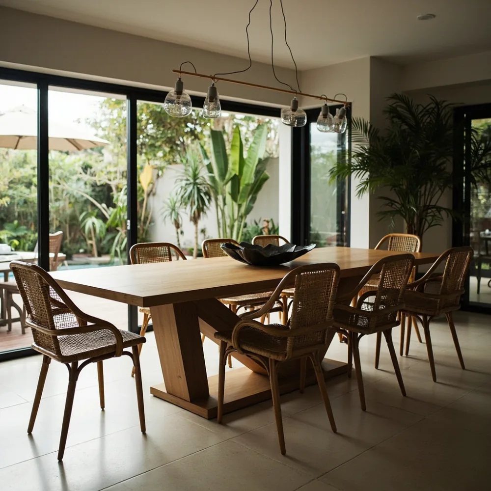 Meja makan extensible oak 140-200 cm gaya postmoden di rumah teres Pulau Pinang dengan cahaya tropika