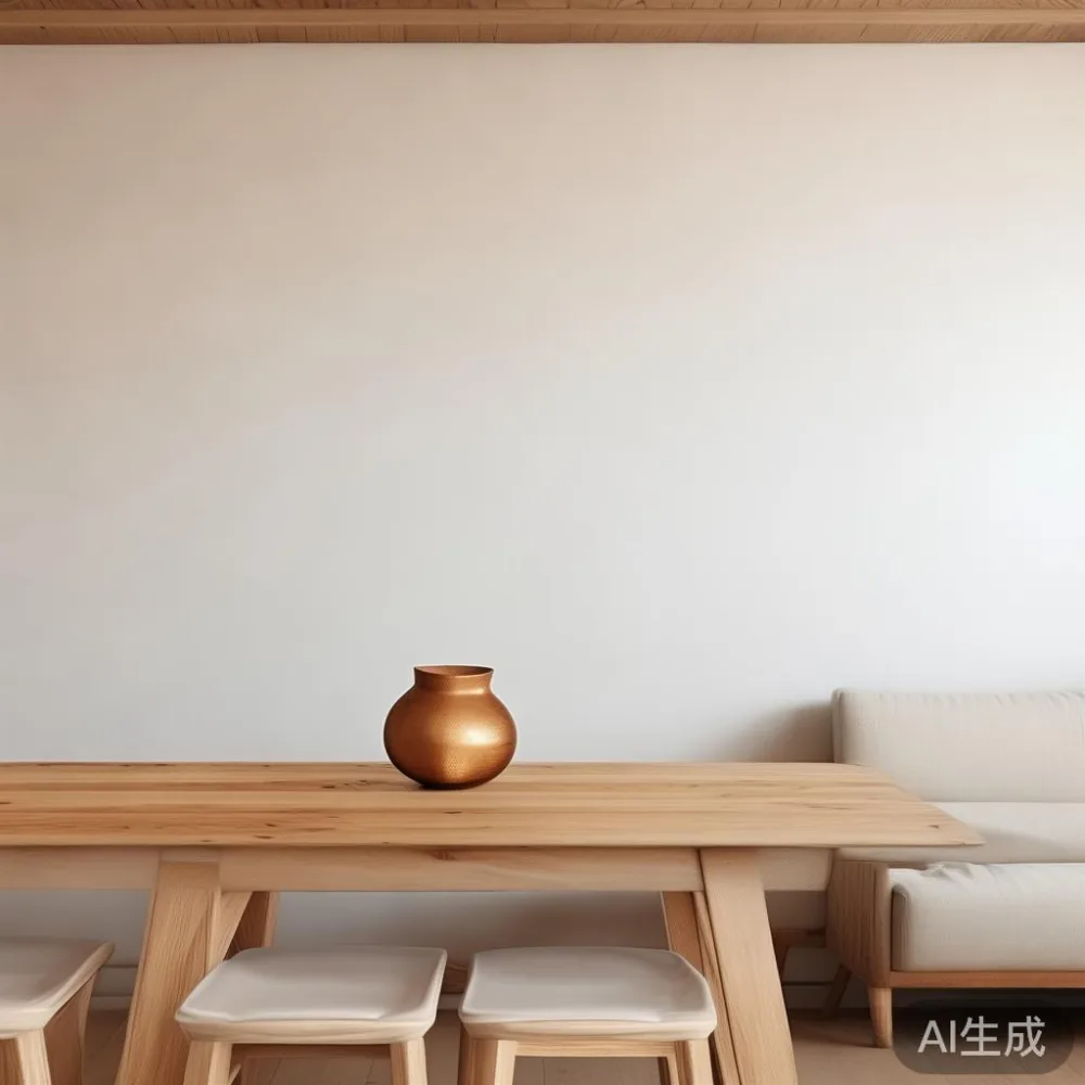 Cara Memadankan Perabot Kayu Pepejal Dengan Suasana Minimalis Hangat — staged against a plain wall with a linen sofa ne