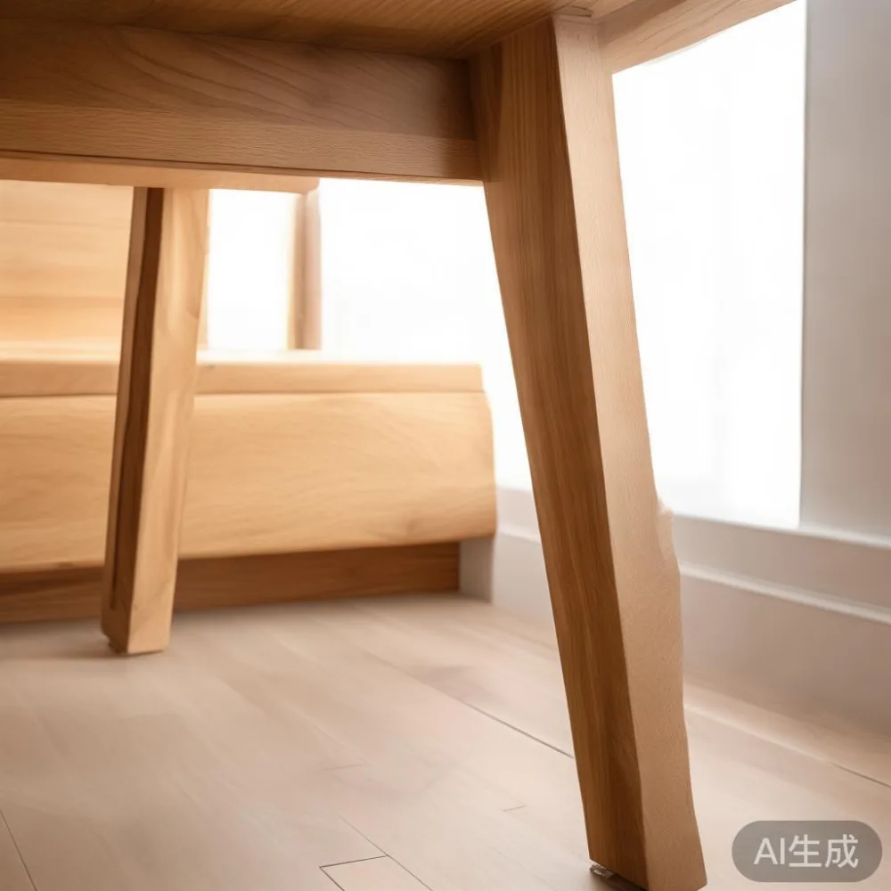 Cara Memadankan Perabot Kayu Pepejal Dengan Suasana Minimalis Hangat — detail of the base and leg construction on a bed