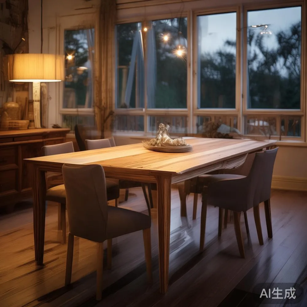 Veneer lwn Kayu Pepejal: Perbandingan Kos 5 Tahun untuk Meja Makan And — room setting at dusk with warm lamp light, film 