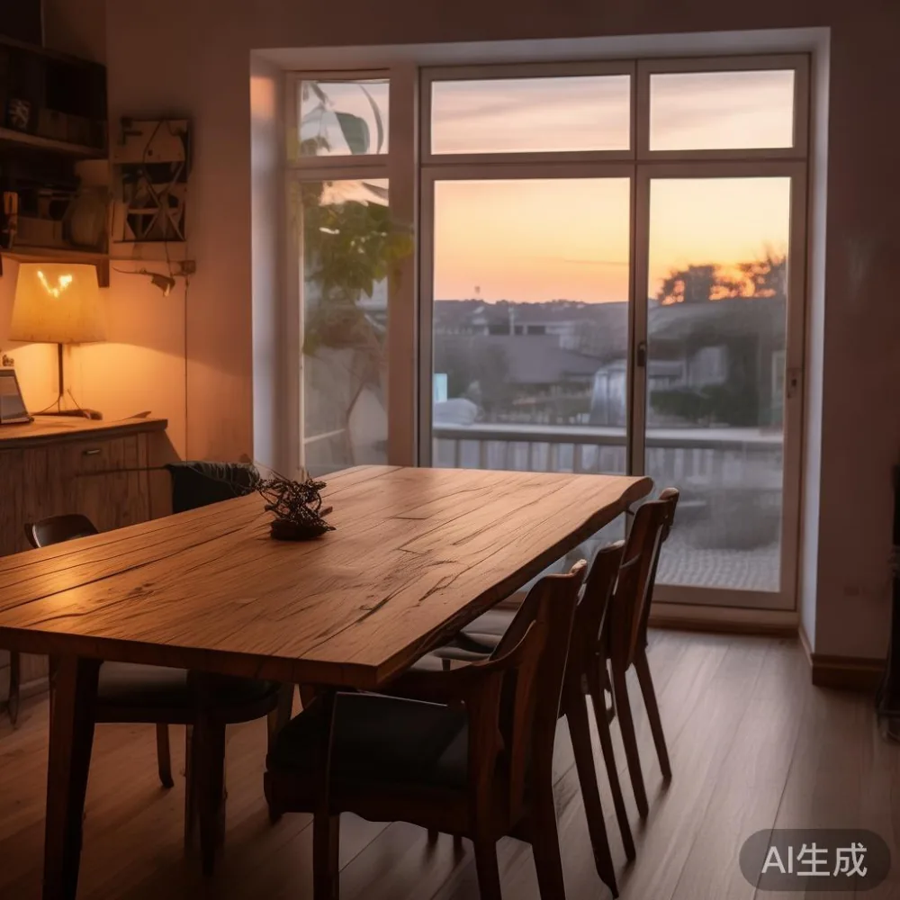 Venir lwn Kayu Pepejal: Perbandingan Kos 5 Tahun untuk Meja Makan Anda — room setting at dusk with warm lamp light, film